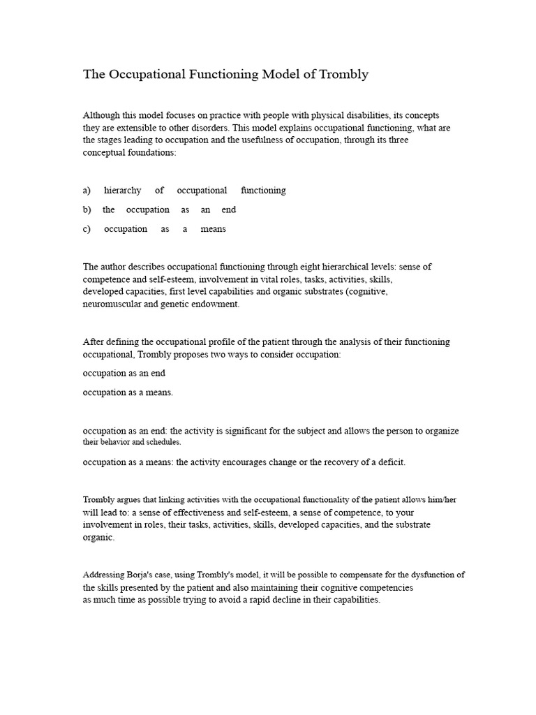 Trombly's Occupational Functioning Model | PDF | Psychotherapy | Self ...