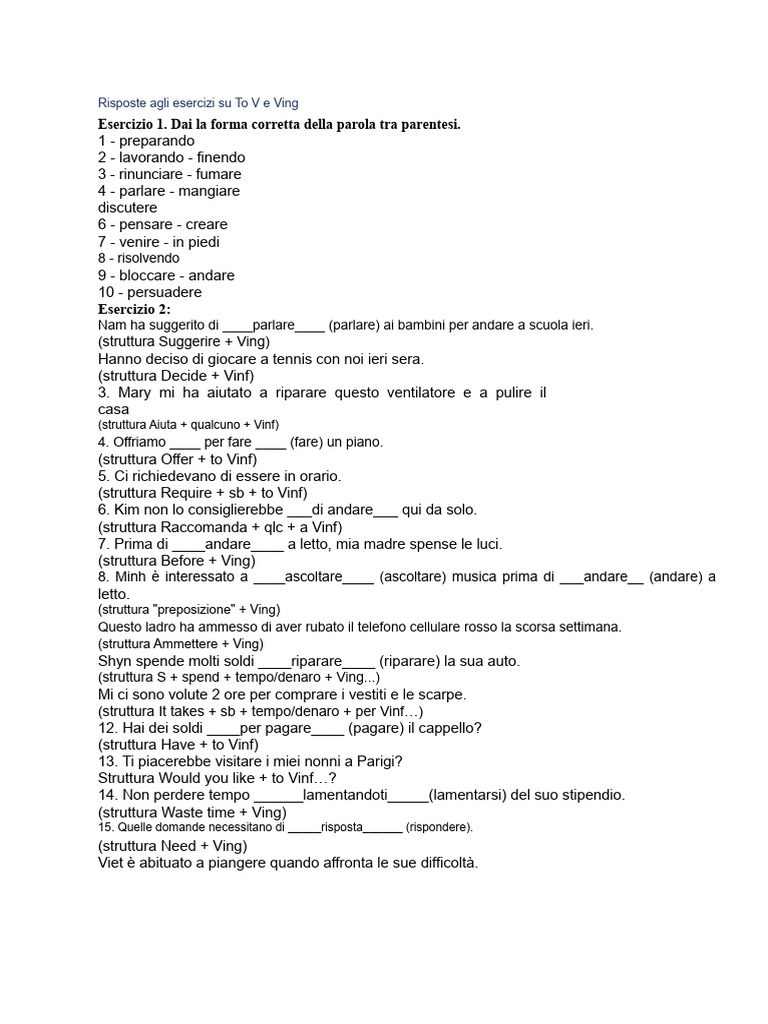 Risposte Agli Esercizi Su To V e Ving | PDF