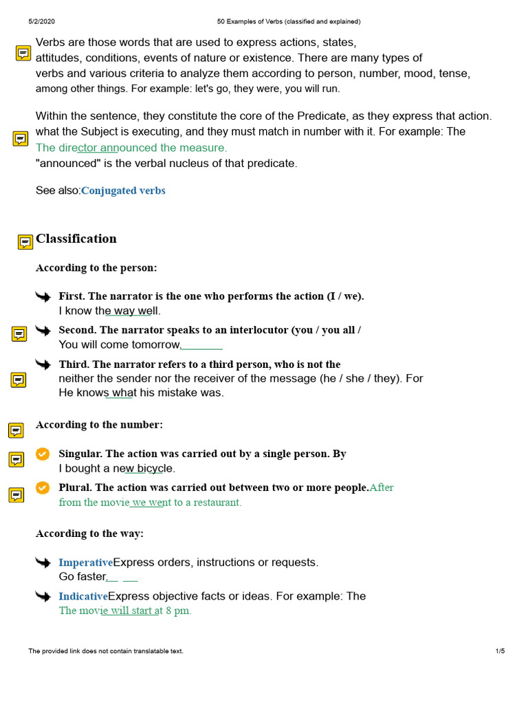 50 Examples of Verbs (Classified and Explained) | PDF | Grammatical ...