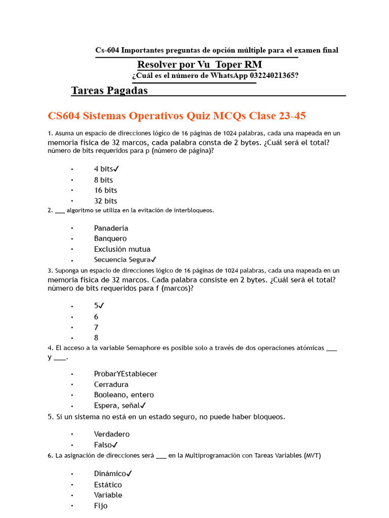 Preguntas de opción múltiple CS604 Examen Final | PDF | Poco | Archivo ...