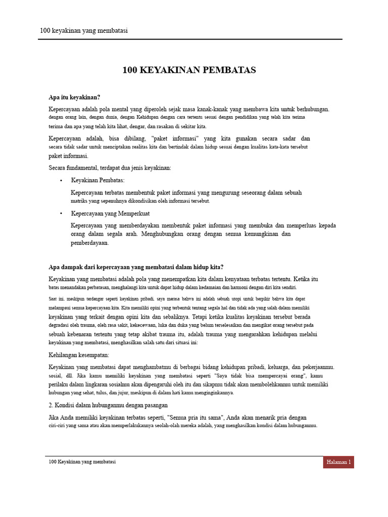 100 Keyakinan Pembatas dalam Hidup | PDF