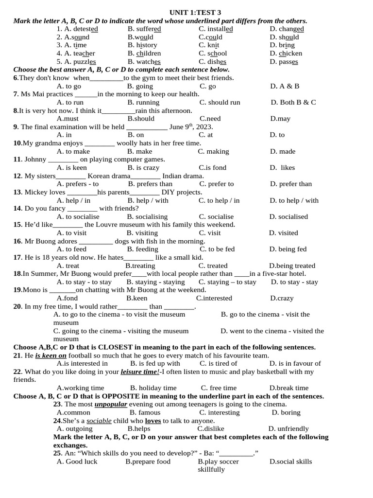 Review Unit 1, 2 Grade 8 | PDF | Hobbies