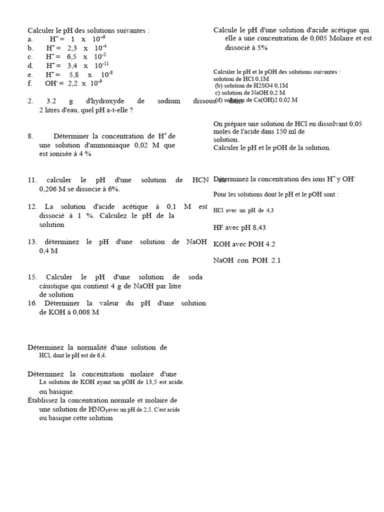 Calculs de pH et pOH de solutions chimiques | PDF | Ph | Dissociation ...