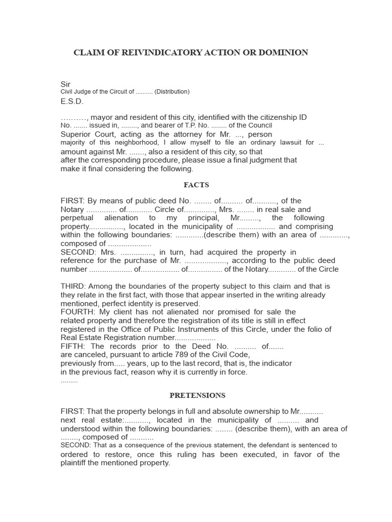 Reivindicatory Action Claim Document | PDF | Lawsuit | Civil Law ...