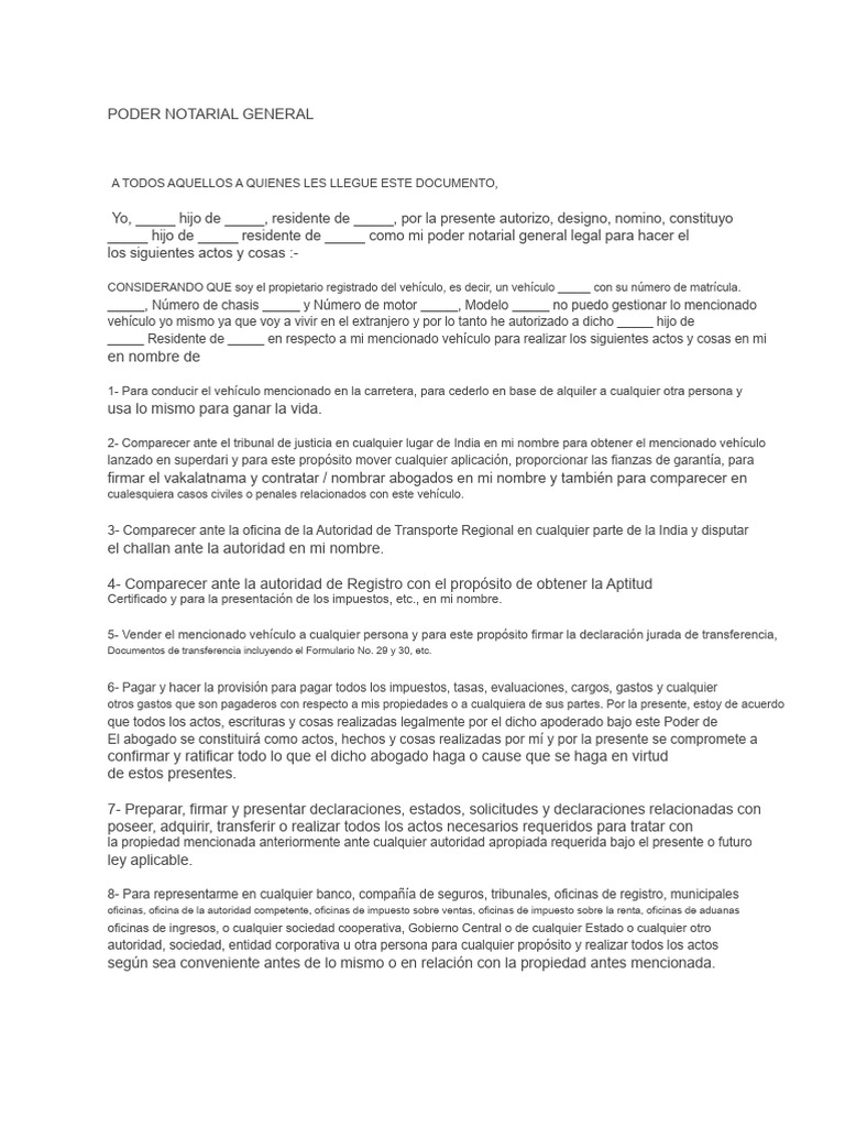 Poder Notarial General para Vehículo | PDF | Propiedad | Impuestos