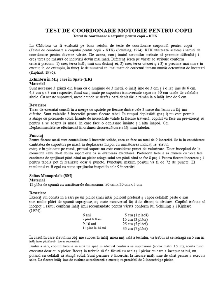 Test de Coordonare Motorie Pentru Copii | PDF