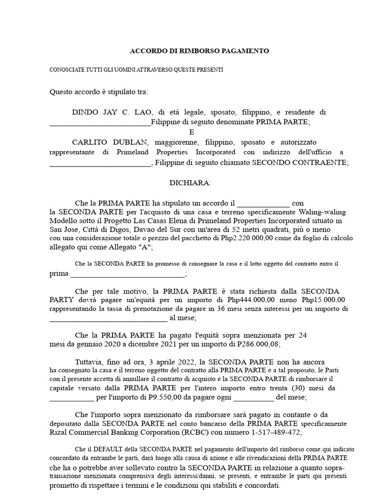 Accordo Di Rimborso Pagamento | PDF
