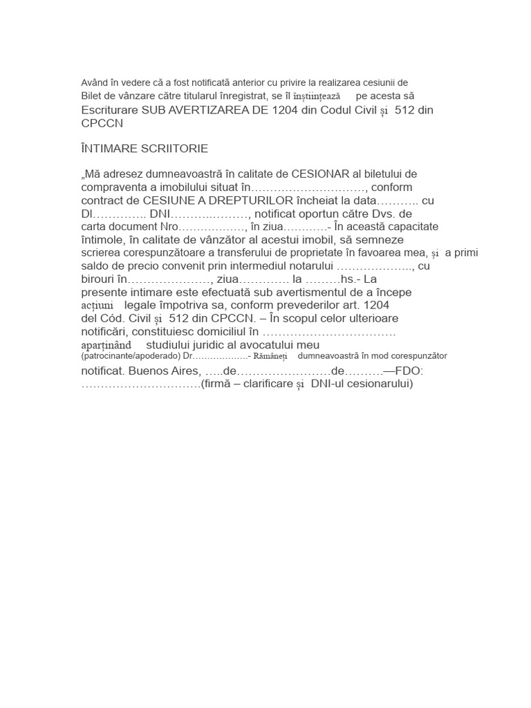 Model de Notificare Pentru Procesul de Autorizare A Scrierii. Cesionare ...