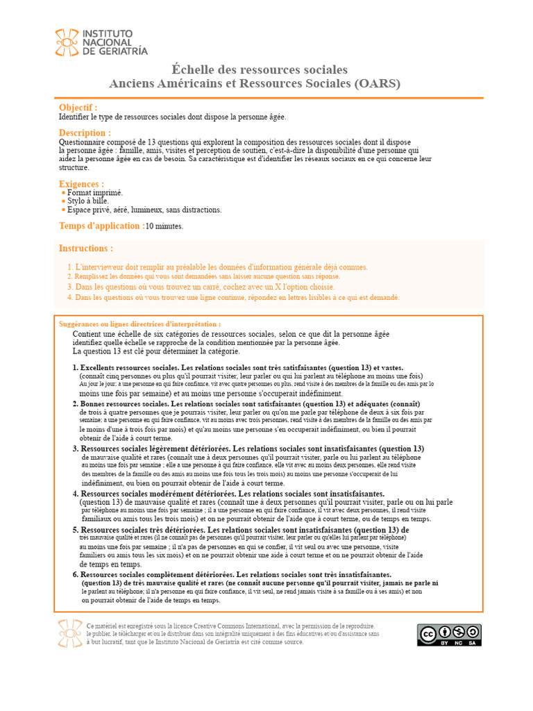 Échelle Des Ressources Sociales Oars | PDF