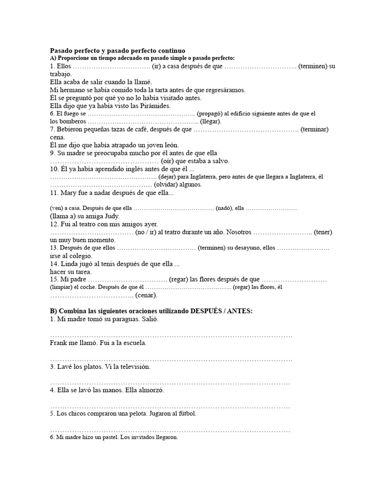 Pasado Perfecto y Continuo: Ejercicios Prácticos | PDF