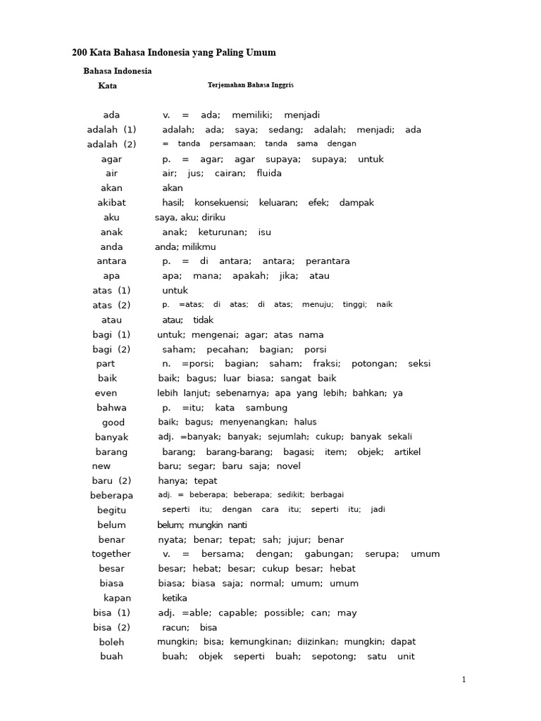 200 Kata Umum dalam Bahasa Indonesia | PDF