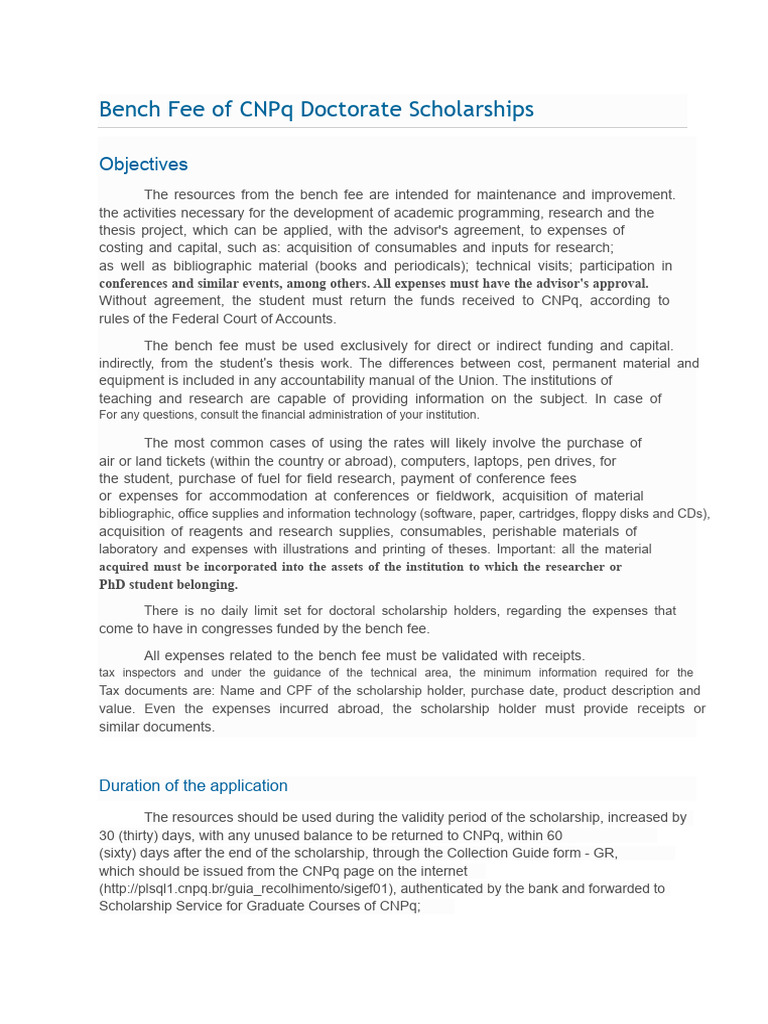 CNPq Doctorate Scholarship Bench Fee Guide | PDF | Expense | Fee