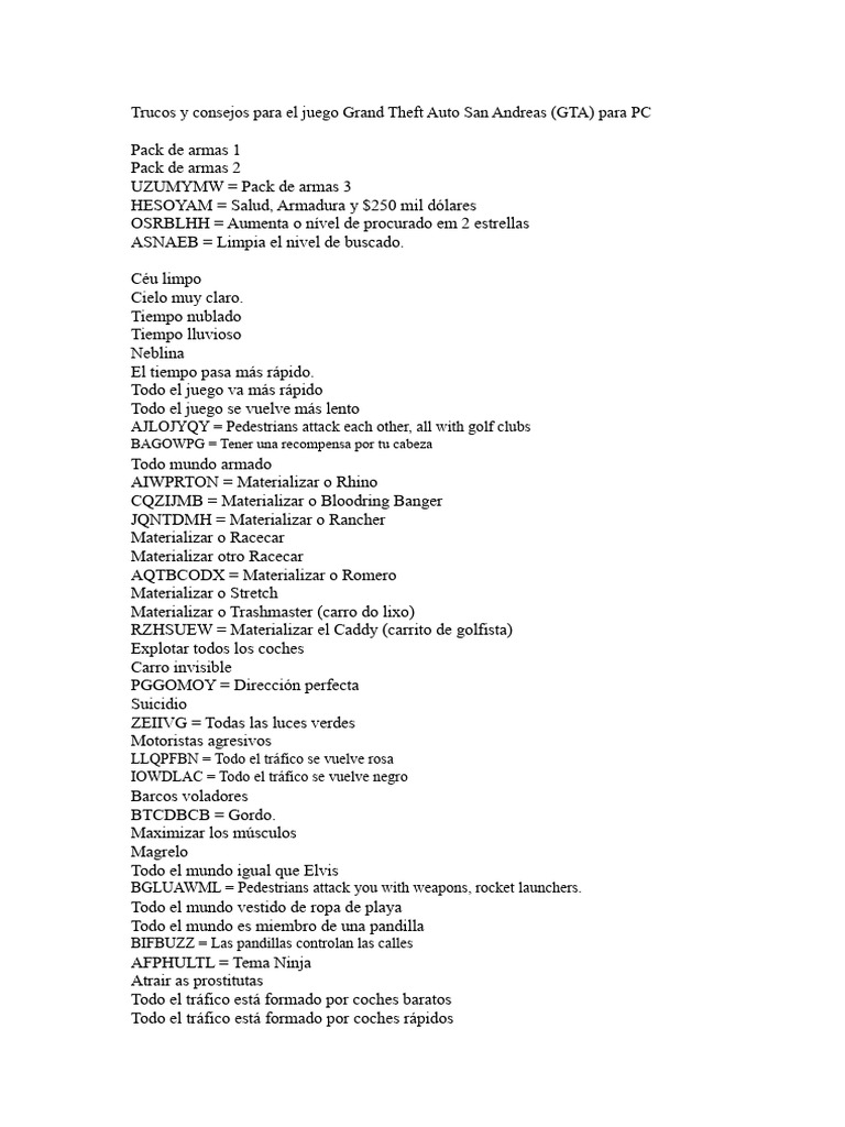 Trucos y Cheats para GTA San Andreas PC | PDF