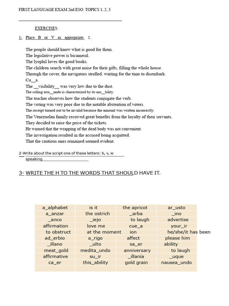 Exercises EXAM 1 LANGUAGE 2nd ESO | PDF | Linguistics