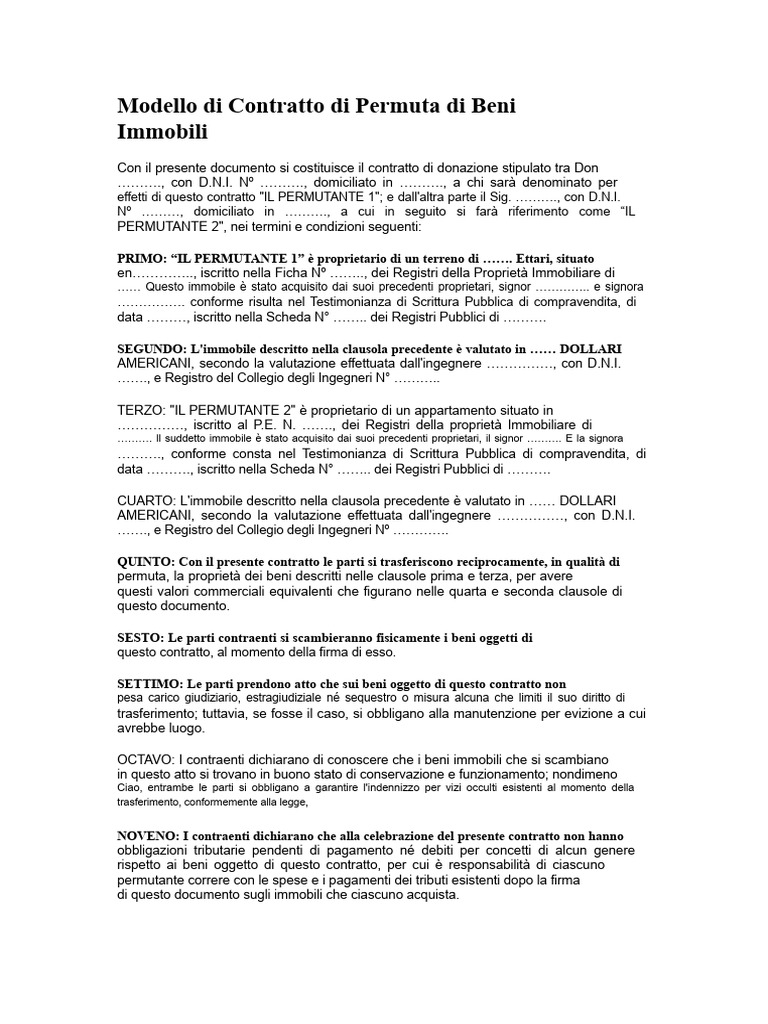 Modello Di Contratto Di Permuta Di Beni Immobili | PDF