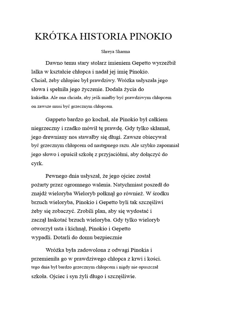 Krótkie Opowiadanie o Pinokio | PDF