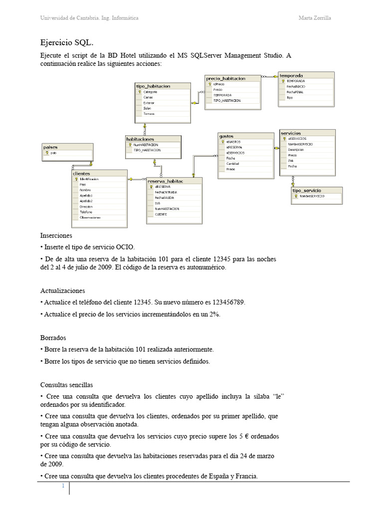 Ejercicios SQL para Gestión Hotelera | PDF | Software de gestión de ...