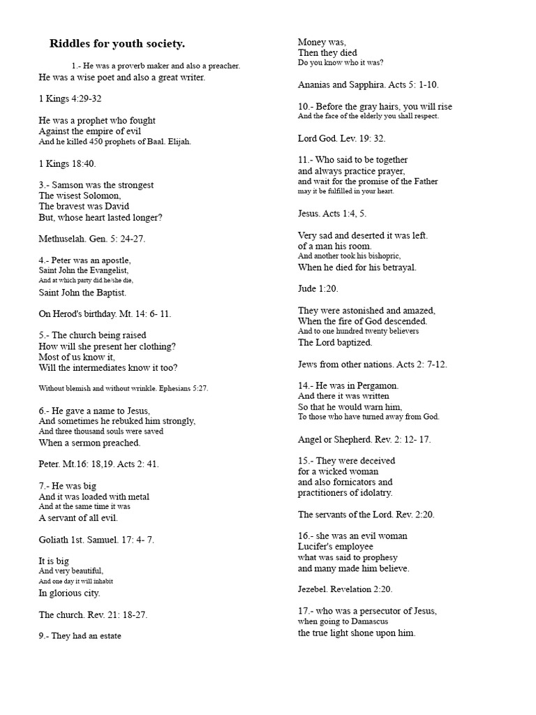 70 Biblical Riddles for Youth Society | PDF | Jesus | Books Of Kings