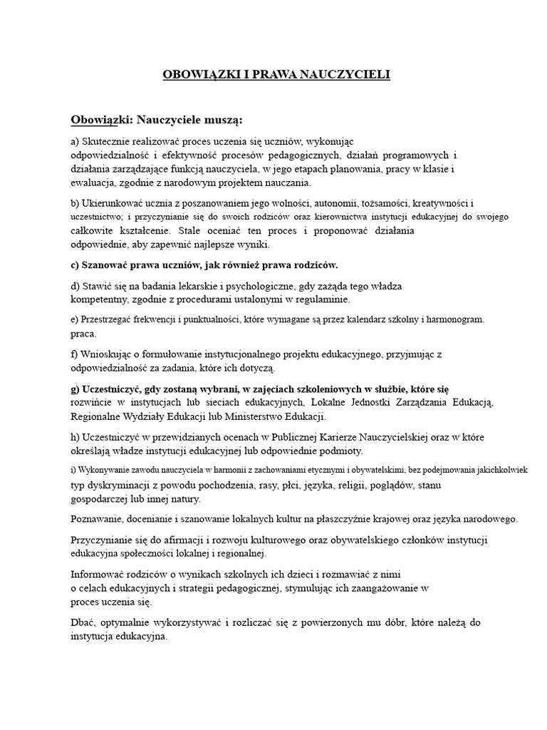 Obowiązki I Prawa Nauczycieli | PDF