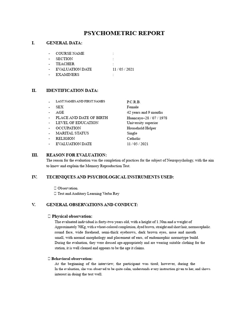 Psychometric Memory Evaluation Report | PDF | Memory | Behavioural Sciences