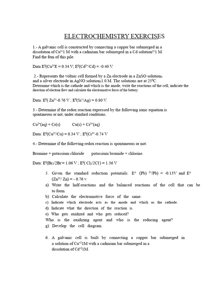 Electrochemistry Exercises and Calculations | PDF | Redox ...
