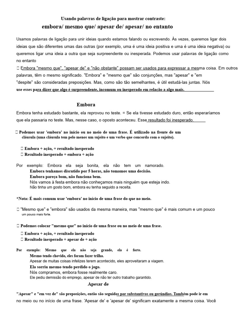 Conectores de Contraste - No Entanto: Embora: Apesar: Embora: Mesmo Que ...