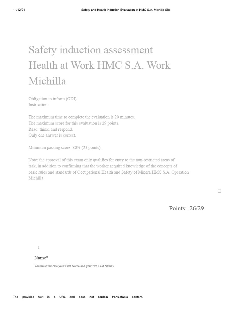 Safety and Health at Work Induction Assessment HMC S.A. Michilla ...