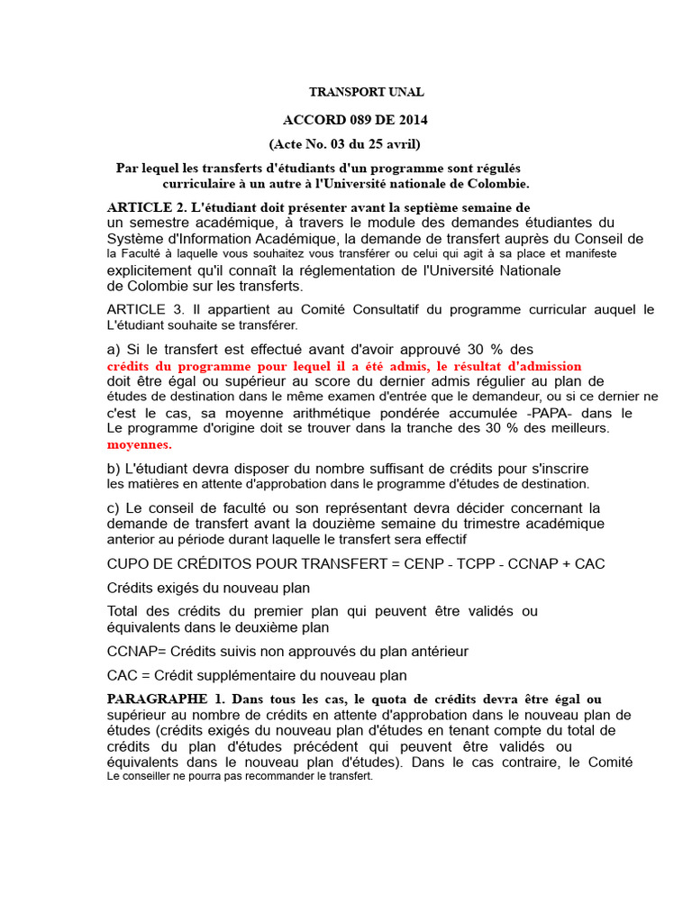 Règlement sur les Transferts et Double Diplôme UNAL | PDF