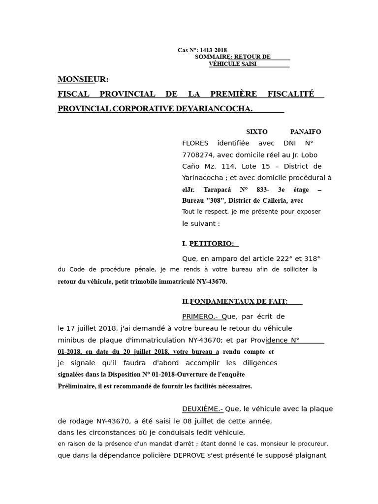 Demande de restitution de véhicule saisi | PDF | Justice | Crime et ...