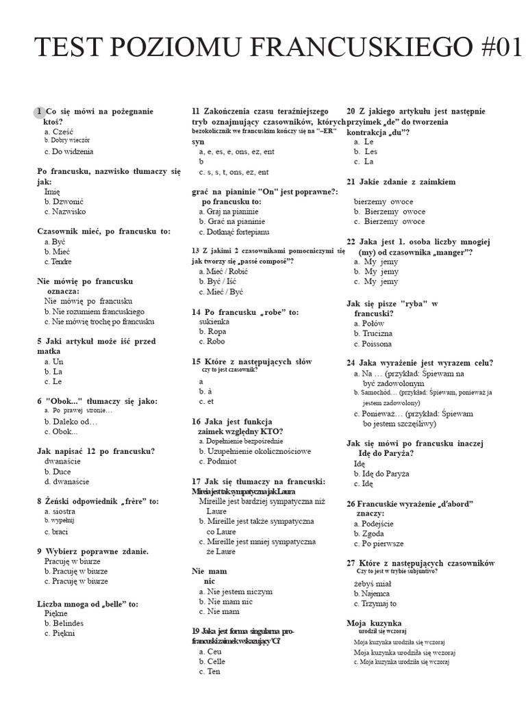 Test Poziom Francuski | PDF