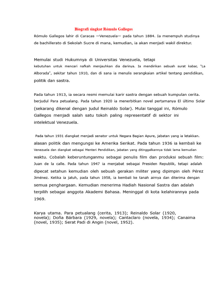 Biografi Rómulo Gallegos dan Karya Sastra | PDF