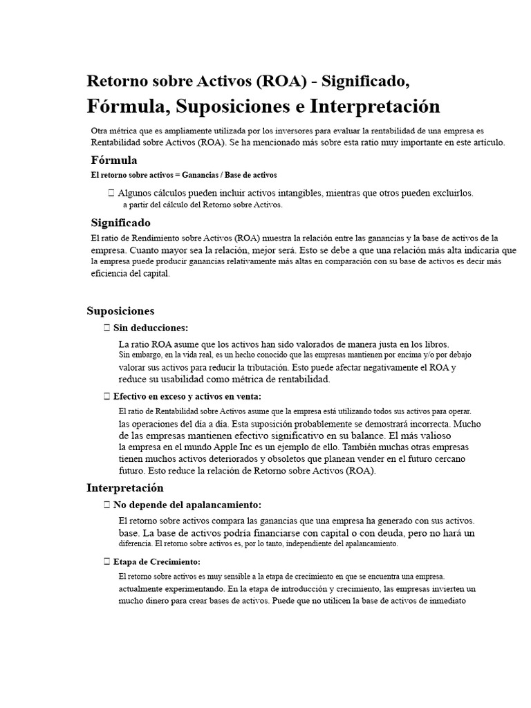 Fórmula, Suposiciones e Interpretación: Retorno Sobre Activos (ROA ...