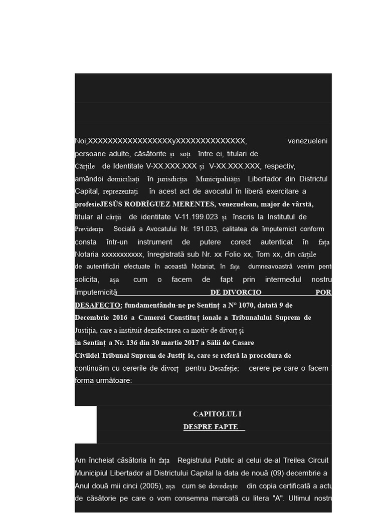 Model de Cerere de Divorț Pentru Neîndeplinire | PDF