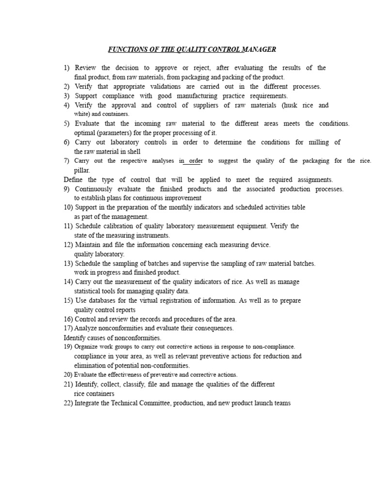 Quality Control Manager Responsibilities | PDF
