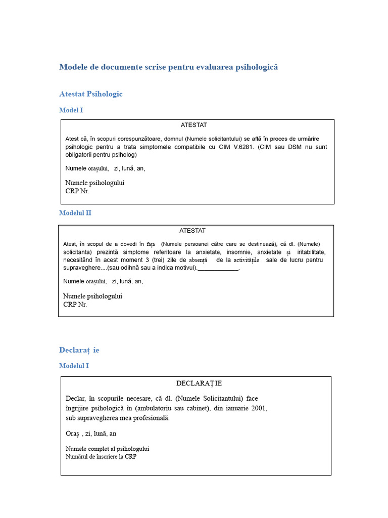 Modele de Documente Scrise Pentru Evaluarea Psihologică | PDF