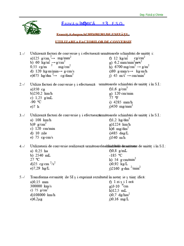 Exerciții Factori de Conversie | PDF