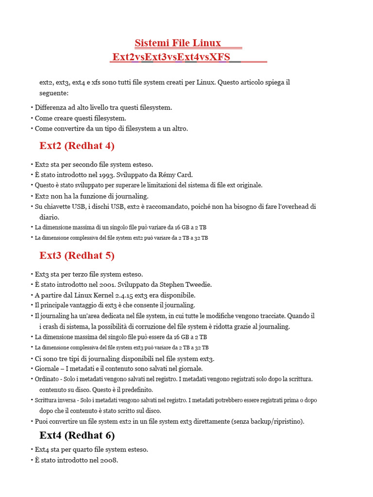 Sistema Di File Linux - Ext2 Vs Ext3 Vs Ext4 Vs XFS | PDF