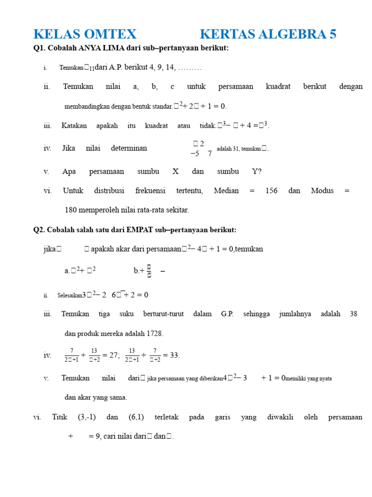 Kertas Soal Algebra 5 PDF | PDF