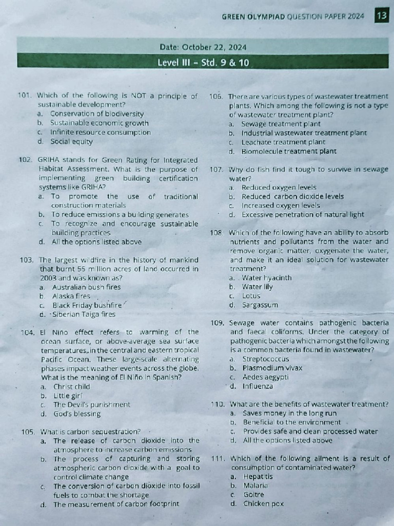 Level III STD 9-10 Green Olympiad Question Paper 2024 | PDF
