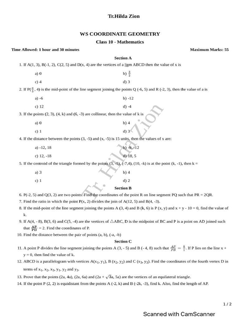 X - WS 1 Coordiante Geometry | PDF