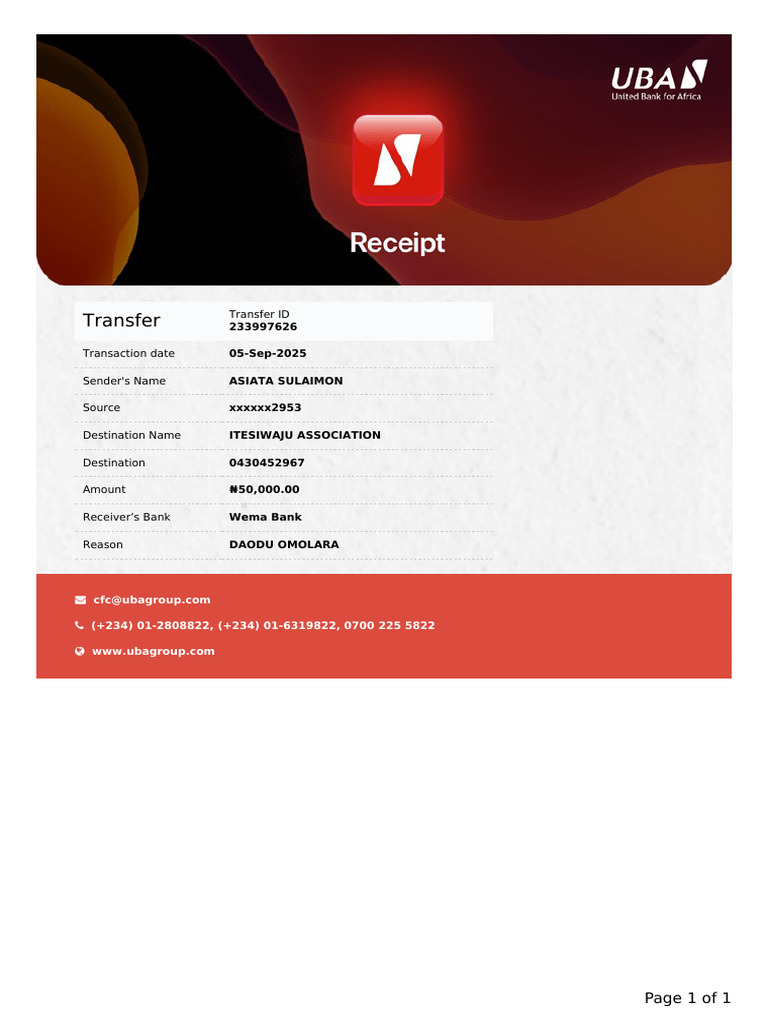 Transfer Receipt 233997626 | PDF