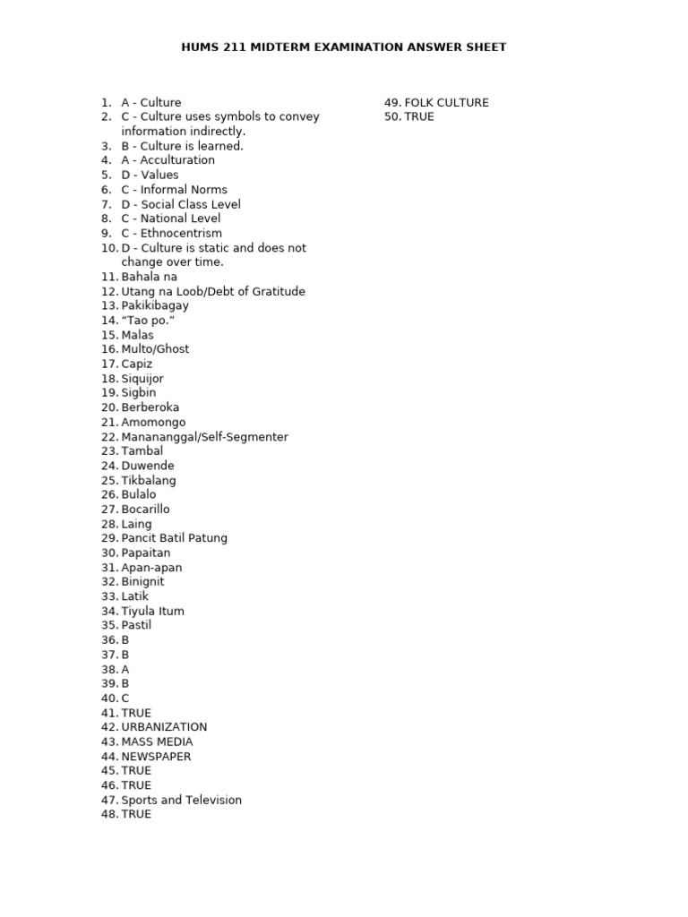 HUMS 211 Midterm Exam Answer Key | PDF