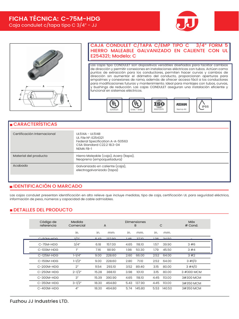 Caja Condulet Tipo C 3/4” - Ficha Técnica | PDF