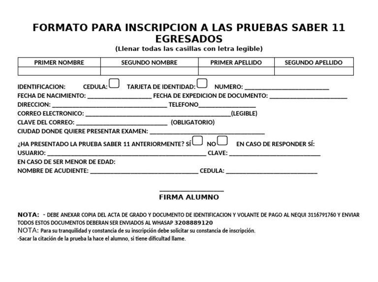 Formato para Inscripcion Egresados A Las Pruebas Saber 11 | PDF