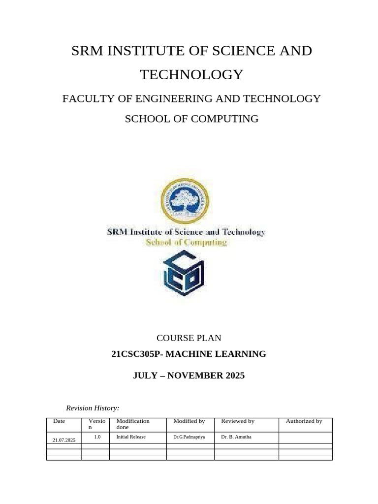 Machine Learning Course Plan 21CSC305P | PDF | Machine Learning ...