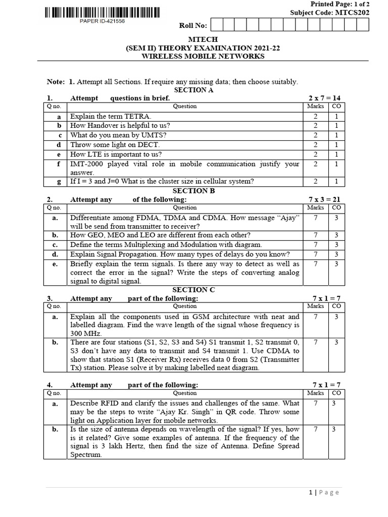 MTech Wireless Mobile Networks Exam Guide | PDF | Cellular Network ...