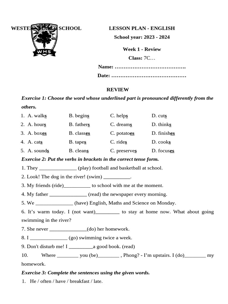 English Lesson Plan for Class 7C | PDF