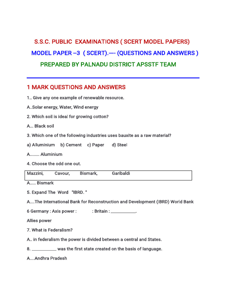 SCERT Model Papers for S.S.C. Exams | PDF | Economies