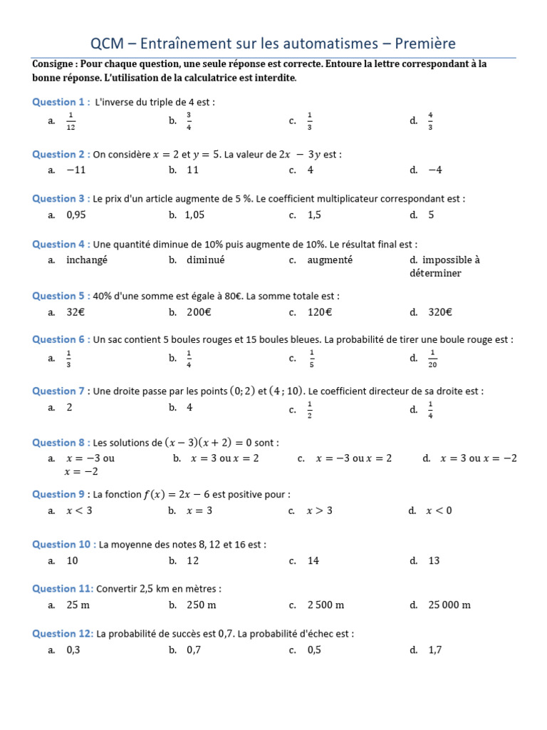 QCM Automatismes Maths Première | PDF