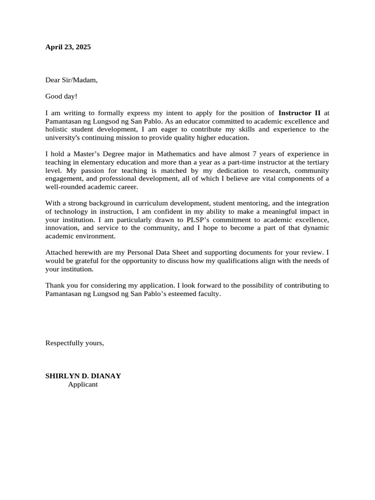 Letter of Application-PLSP | PDF